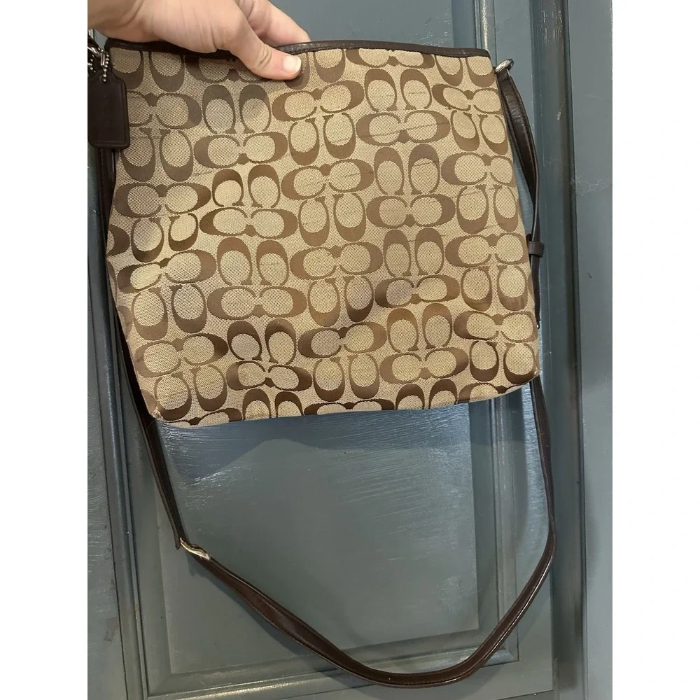 Coach Signature C Jacquard Crossbody Bag Brown Leather Adjustable Strap